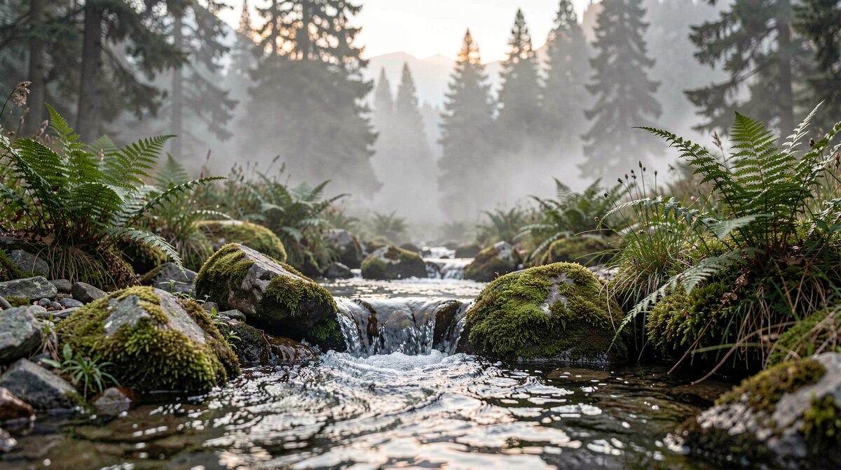 Un manantial de la sierra al amanecer, con el agua saliendo entre piedras cubiertas de musgo, helechos en el borde y niebla baja entre los pinos del fondo, luz suave y frontal, encuadre a ras del agua.