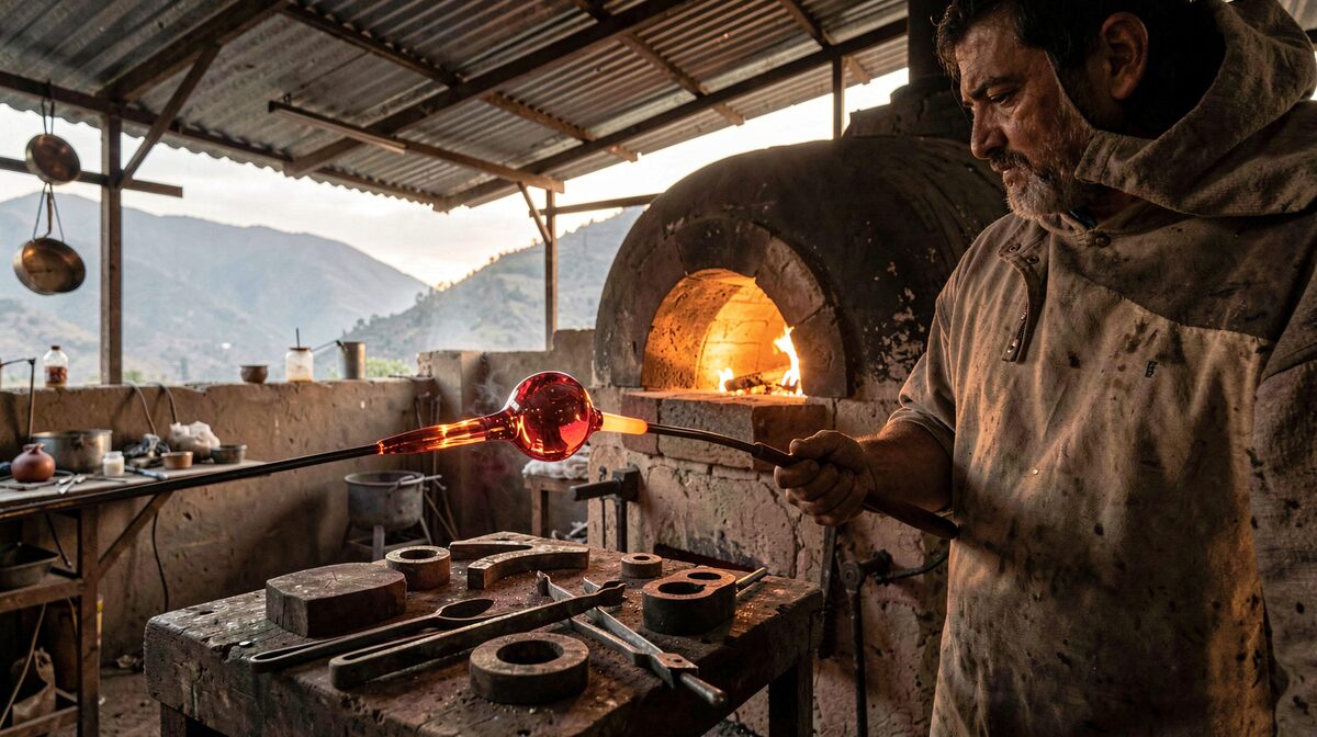 Interior de un taller de vidrio en la sierra poblana al amanecer: un soplador gira el tubo con una masa de vidrio al rojo frente al horno encendido, tenazas y moldes sobre la mesa de trabajo, luz cálida del horno contra la penumbra del techo de lámina.