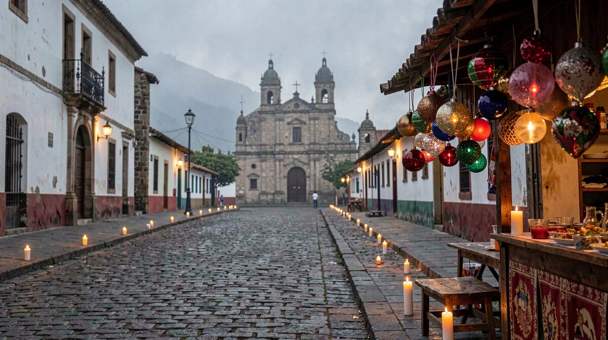 Vista de una calle empedrada del centro de Enchignahuapan al atardecer, con velas encendidas sobre la banqueta, puestos de esferas de vidrio colgando y la fachada de la basílica al fondo entre la niebla baja de la sierra.