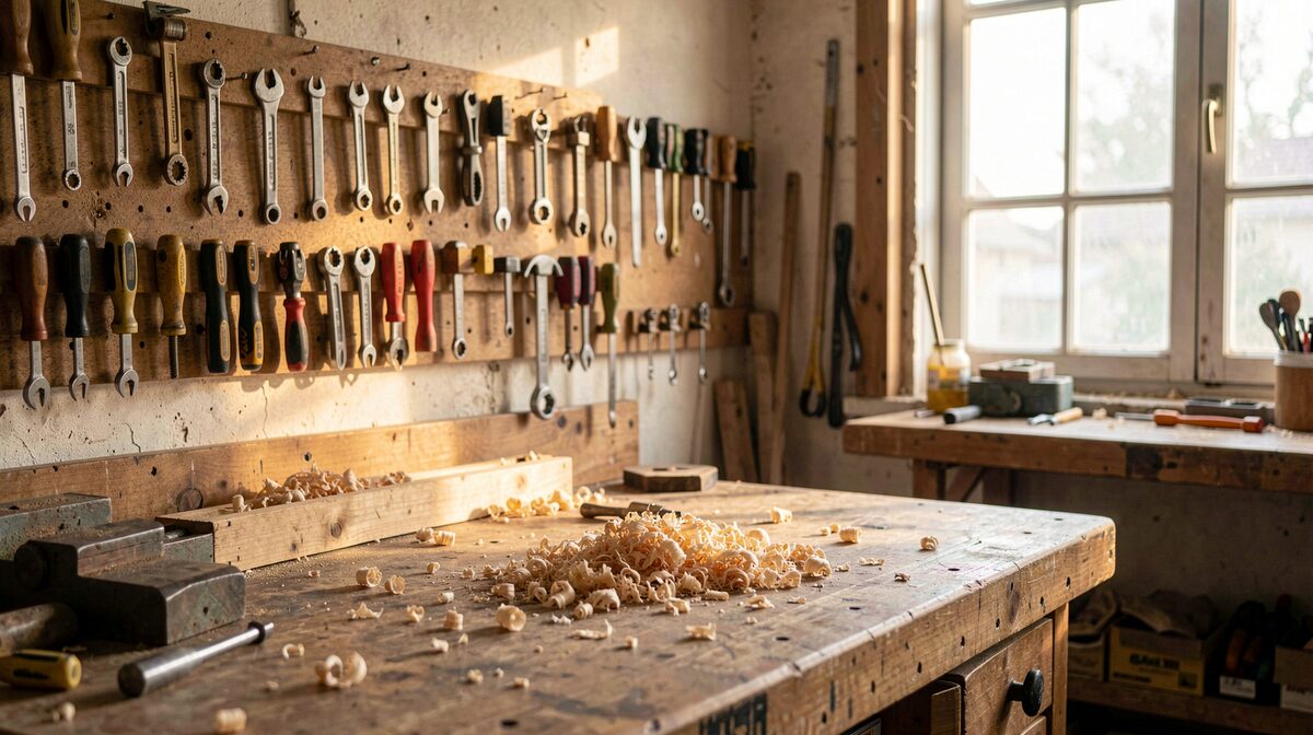 Banco de trabajo de un taller de instrumentos con herramientas colgadas en la pared, virutas de madera sobre la mesa y luz de tarde entrando por una ventana lateral, encuadre frontal a media distancia.